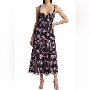 ML Monique Lhuillier Floral Embroidered Black & Pink Midi Dress Size 4